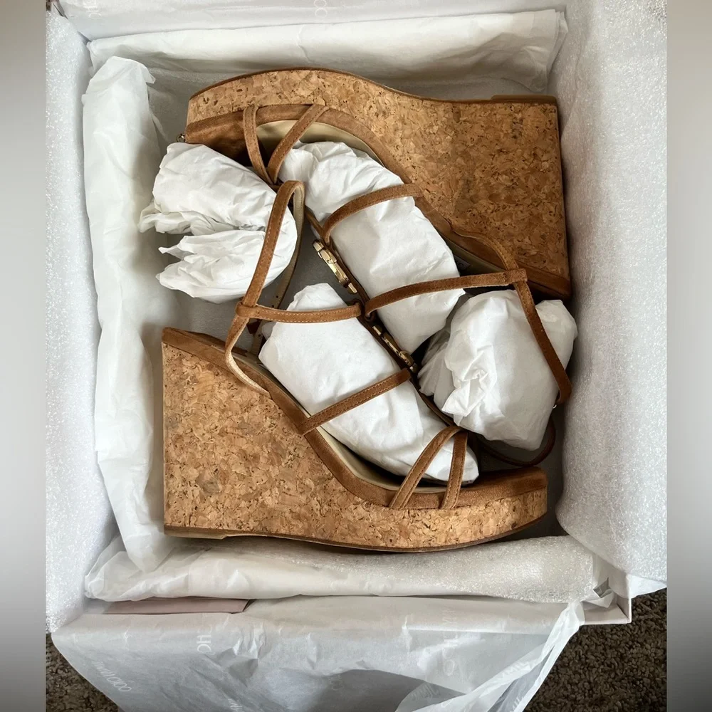 Jimmy Choo Brown Suede Cork Wedge Sandals with Gold Accent